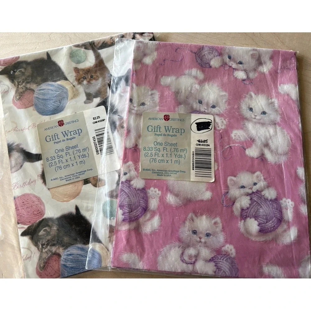 Vtg American Greetings Kitten Cat Gift Wrap NIP One Sheet LOT of 2 Calico White